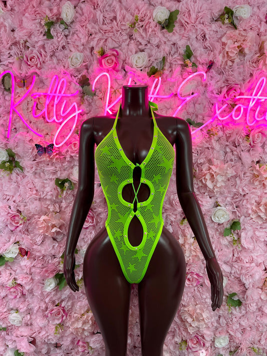 One Piece Bodysuit Fishnet Green Dancewear Exotic Wear Festival Wear