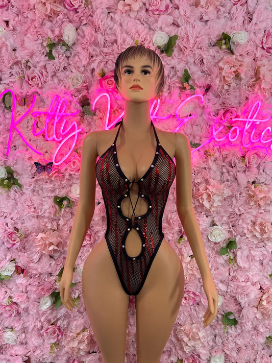 Exotic DancewearOne Piece Bodysuit Fishnet Black/Red Dancewear Exotic Wear Festival Wear