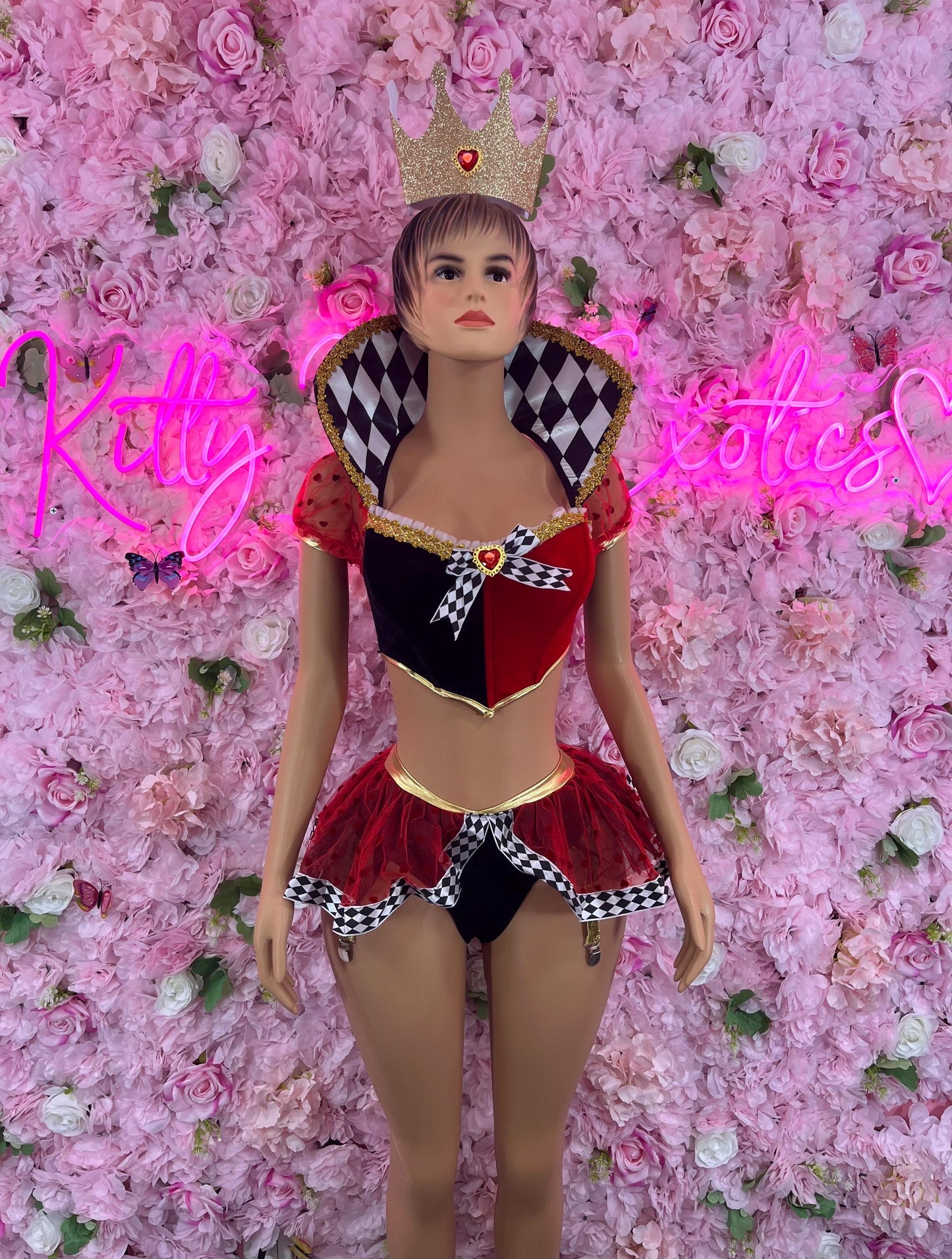 Queen of Hearts costume with gold-trim bodice, red-and-black skirt, checker trim