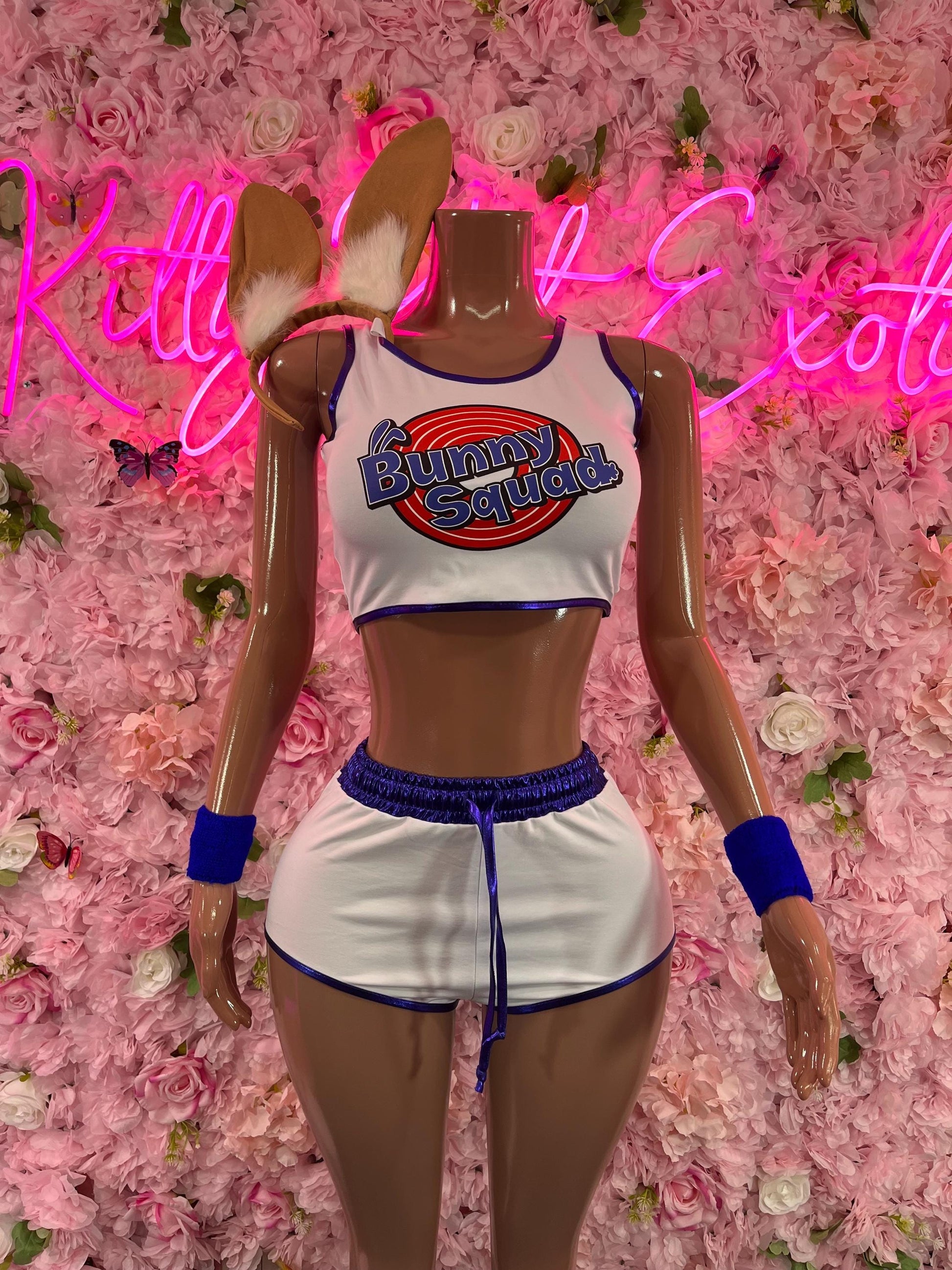 White bunny costume tank and shorts with blue trim, bunny ears, blue arm cuffs