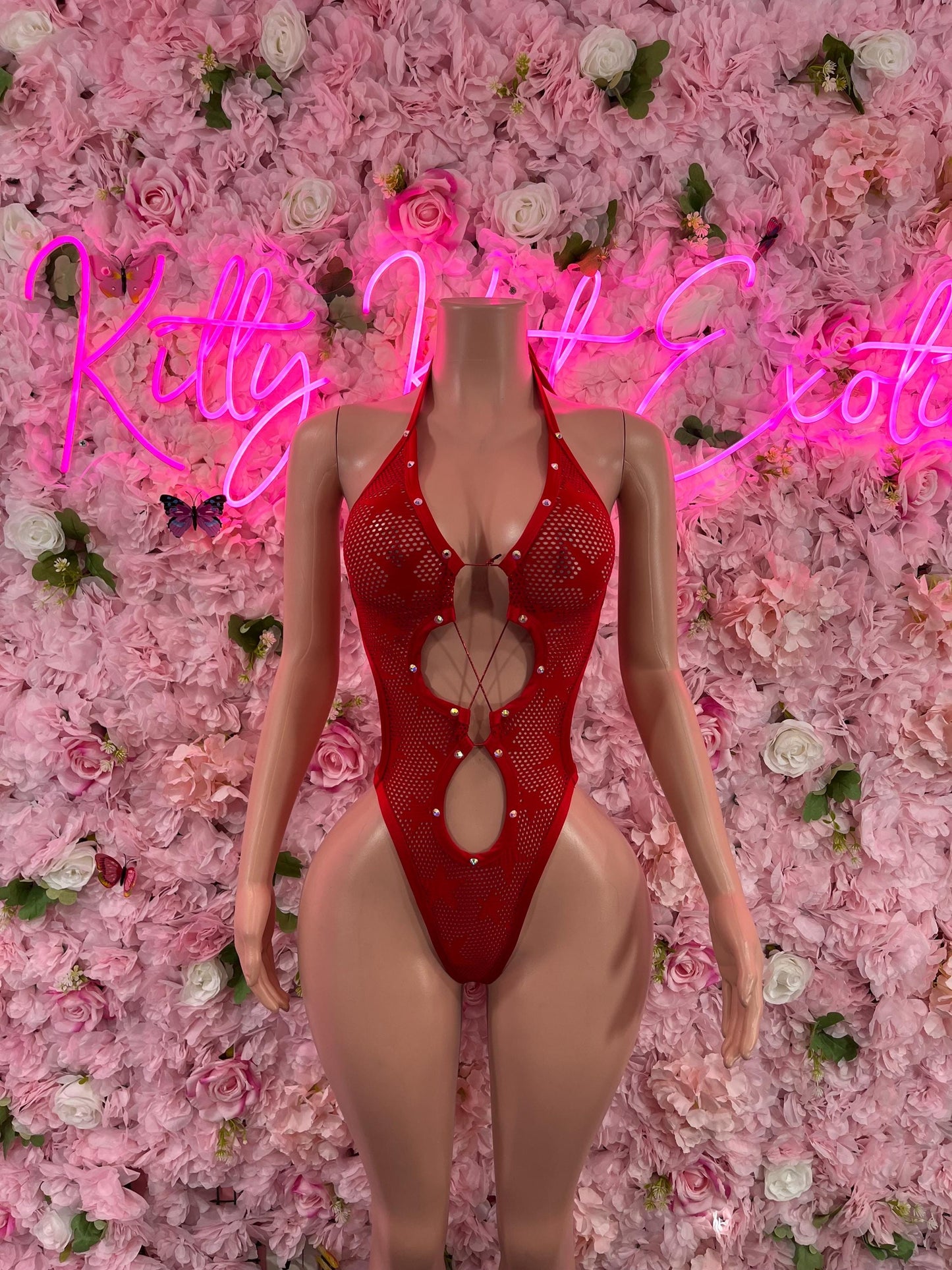 Valentines Day Exotic DancewearOne Piece Bodysuit Fishnet Red Dancewear Exotic Wear Festival Wear
