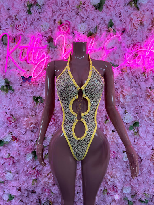One Piece Bodysuit Fishnet Yellow Dancewear Exotic Wear Festival Wear