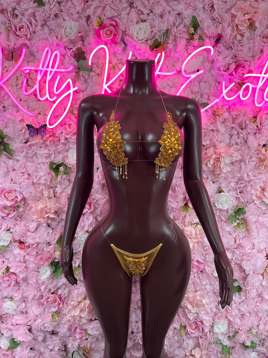 Two Piece Gold Rhinestone Dancewear Festival Wear Exotic Ravewear