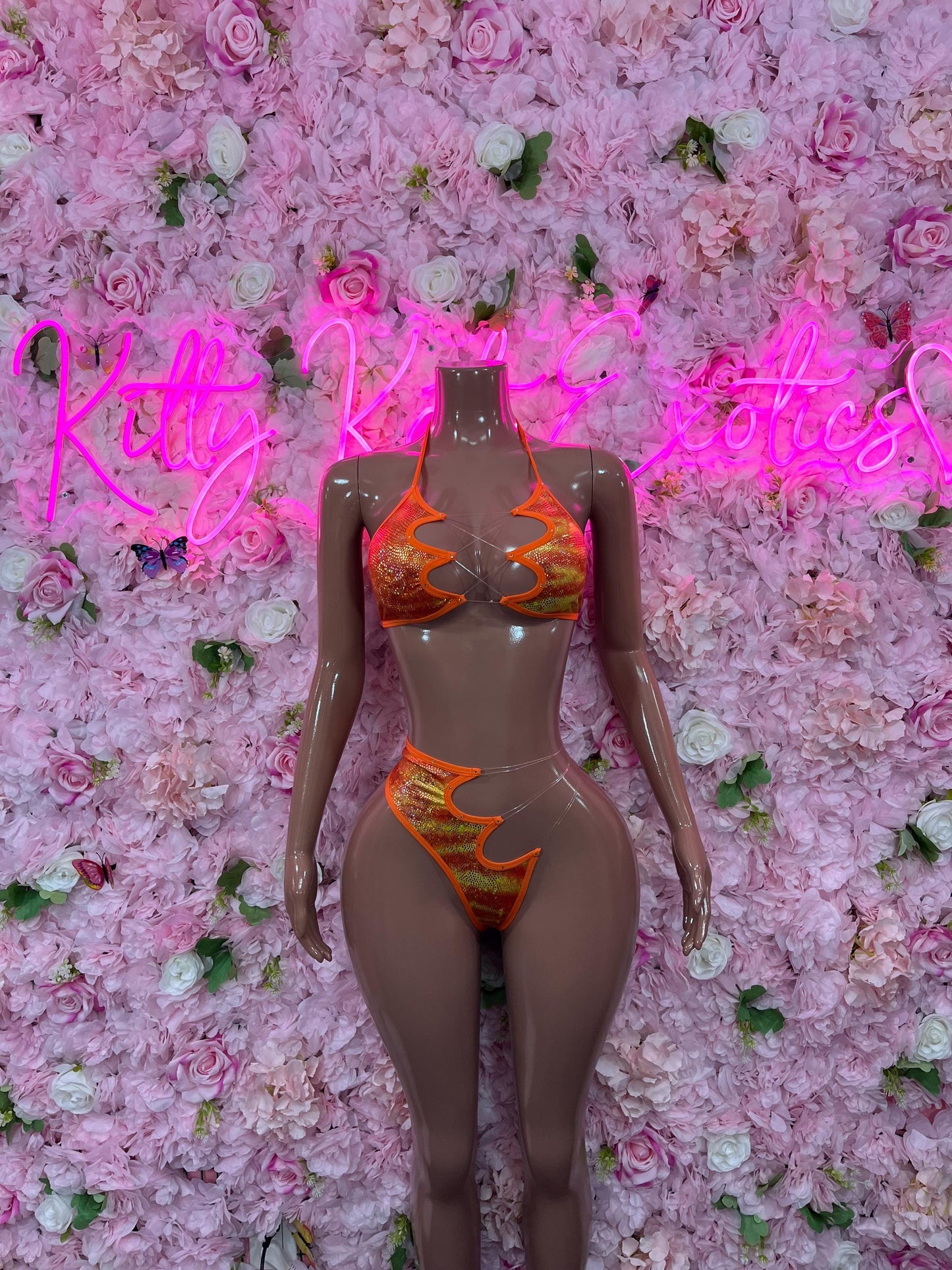 Two Piece Orange Metallic Bikini Bottlegirl Set Dancewear Festival Wear