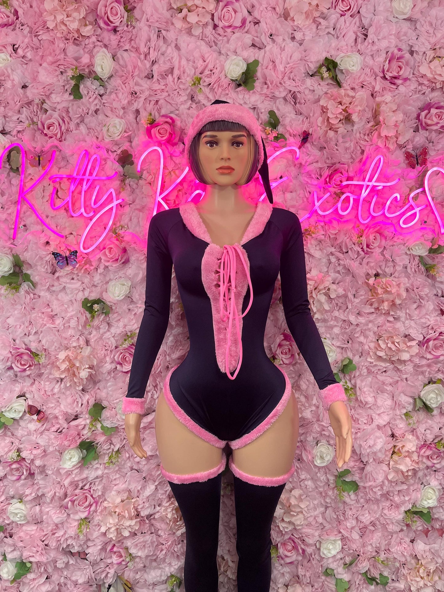 Sexy Santa Christmas Costume - One Piece Holiday Pink/Black Outfit - Festive Womens Christmas Lingerie -Hat & Leggings Included Christmas