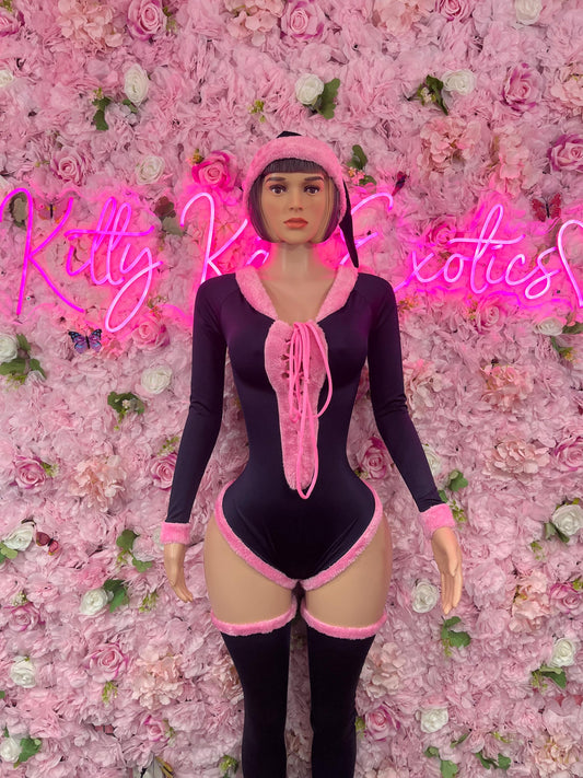 Sexy Santa Christmas Costume - One Piece Holiday Pink/Black Outfit - Festive Womens Christmas Lingerie -Hat & Leggings Included Christmas