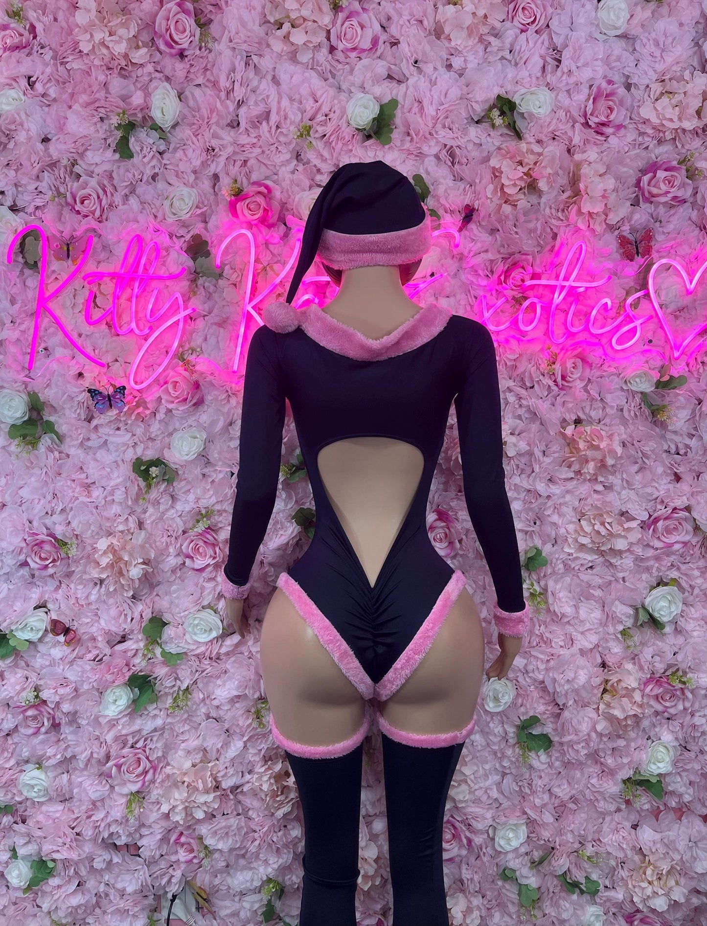 Sexy Santa Christmas Costume - One Piece Holiday Pink/Black Outfit - Festive Womens Christmas Lingerie -Hat & Leggings Included Christmas