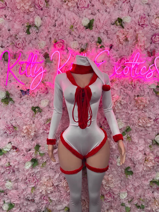 Sexy Santa Christmas Costume - One Piece Green/White Holiday Outfit - Festive Womens Christmas Lingerie -Hat & Leggings Included Christmas