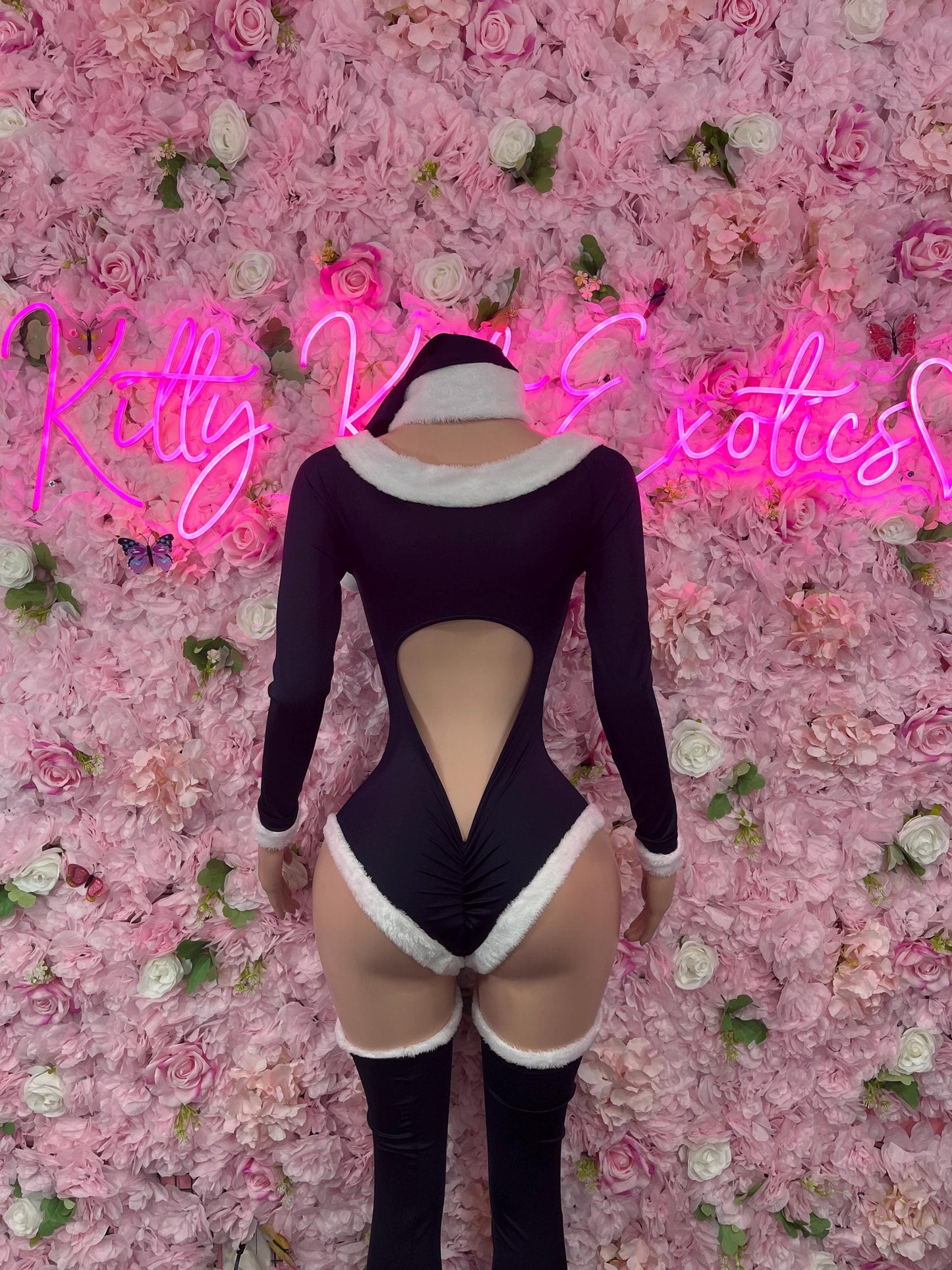 Sexy Santa Christmas Costume - One Piece White/Black Holiday Outfit - Festive Womens Christmas Lingerie -Hat & Leggings Included Christmas