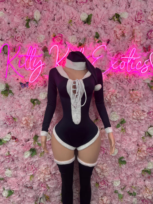 Sexy Santa Christmas Costume - One Piece White/Black Holiday Outfit - Festive Womens Christmas Lingerie -Hat & Leggings Included Christmas