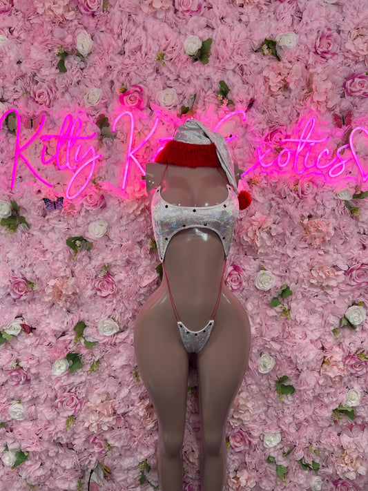 Naughty Santa Sexy Santa Christmas Costume - One Piece Slingshot  Holiday Outfit - Festive Womens Christmas Lingerie - Hat Included