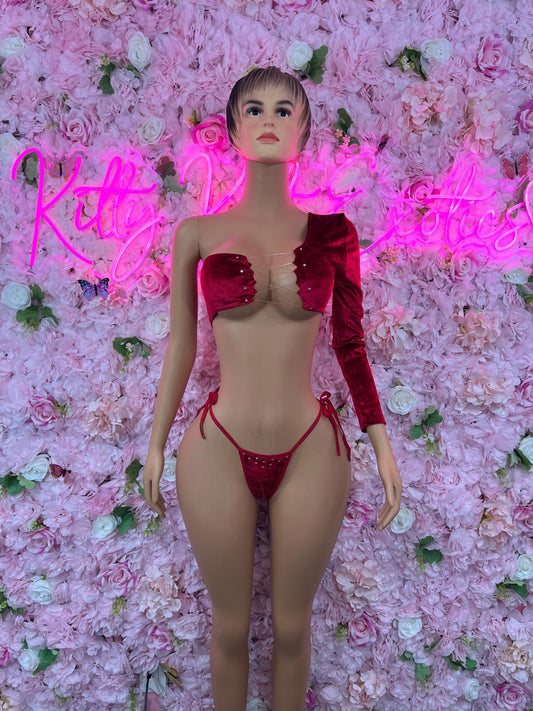 Valentines Day Two Piece One Sleeved Red Exotic Dancewear Bottlegirl Fedtival wear Bartender Outfit