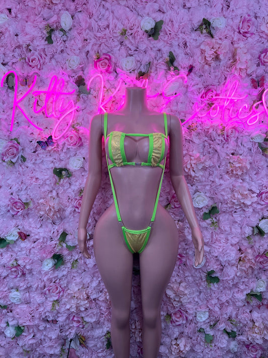 Exotic Dancewear One Piece Green Slingshot Bikini Bottlegirl Bartender Outfit Festivalwear