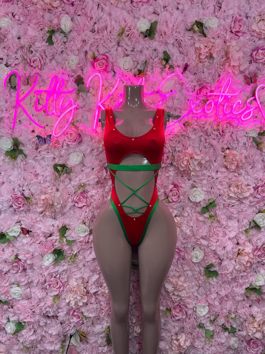 Sexy Santa Christmas Costume - One Piece Red  Holiday Outfit - Festive Womens Christmas Lingerie Christmas