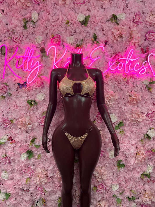 Two Piece Gold  Metallic Bikini Bottlegirl Set Dancewear Festival Wear