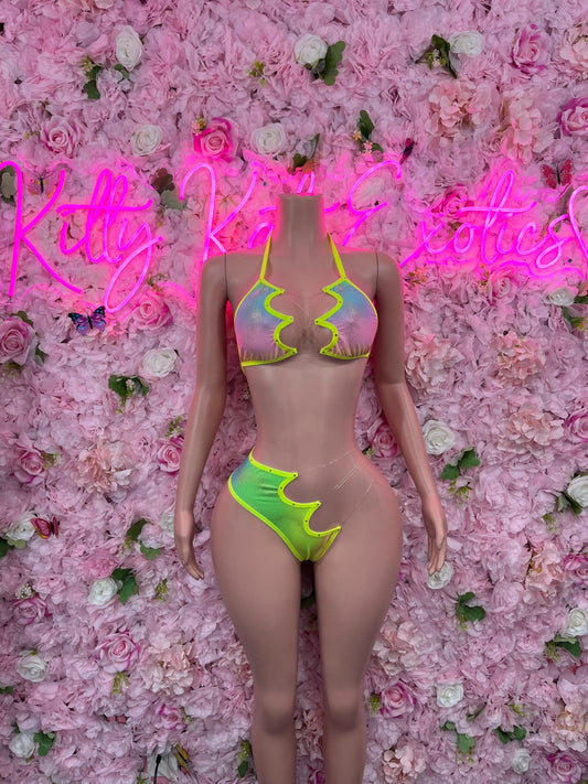 Two Piece Rainbow Metallic Bikini Bottlegirl Set Dancewear Festival Wear