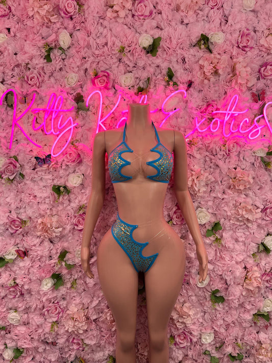 Two Piece Baby Blue Cheeta Print Bikini Bottlegirl Set Dancewear Festival Wear