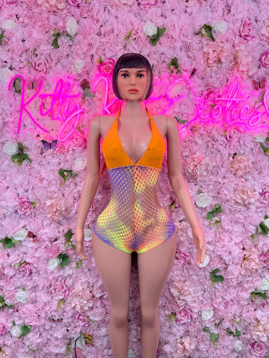 One-Piece Multicolor Fishnet Bodysuit  Dancewear Festival Wear Ravewear Festive