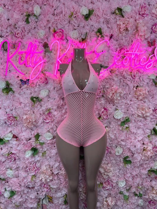 One-Piece Pink Fishnet Bodysuit  Dancewear Festival Wear Ravewear Festive