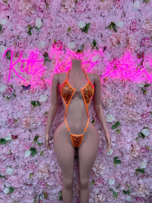 One Piece Orange Slingshot Metallic Bikini Bottlegirl Set Dancewear Festival Wear