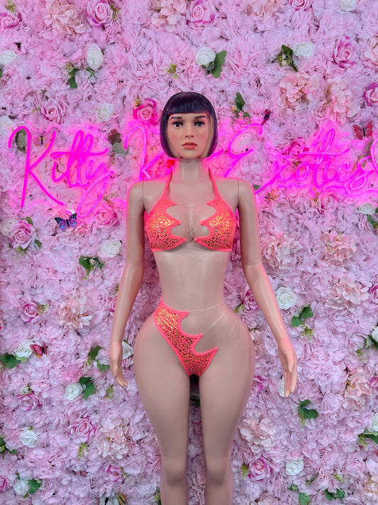 Two Piece Coral/Gold Metallic Bikini Bottlegirl Bartender Outfit Festivalwear