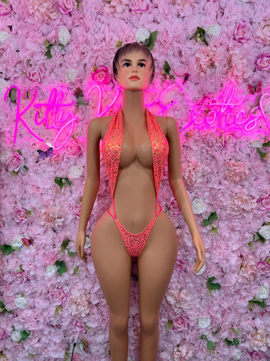 One Piece Slingshot Coral/Gold Metallic Bikini Bottlegirl Bartender Outfit Festivalwear