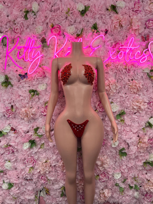 Valentines Day Two Piece Red Rhinestone Dancewear Festival Wear Exotic Ravewear Costume Perfomer Outfit