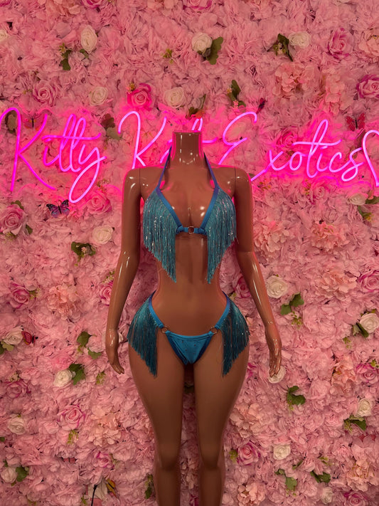 Two Piece Aqua Blue Fringe Dancewear Ravewear Exoticwear
