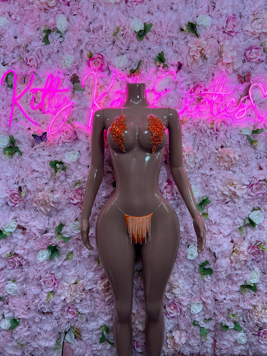 Exotic DancewearTwo Piece Orange Rhinestone Dancewear Festival Wear Exotic Ravewear Costume Perfomer Outfit