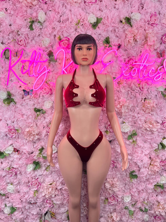 Two Piece Red Velvet Exotic Dancewear   Elegant and Sexy Evening Dress for Performers, Events, or Special Occasions