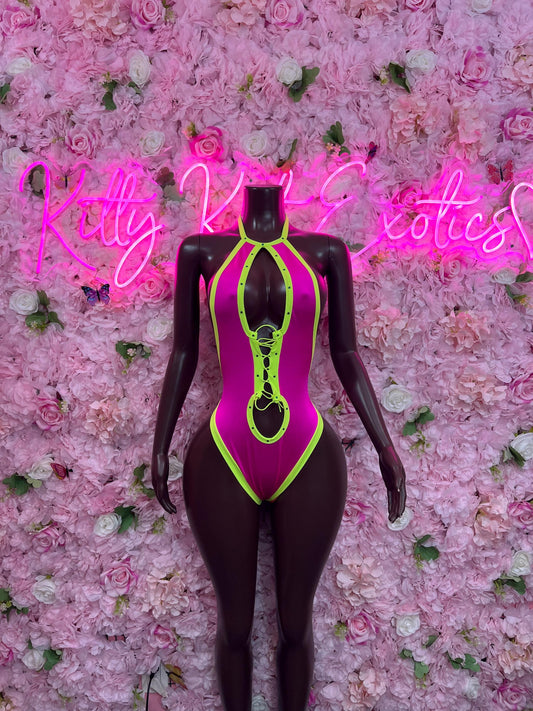 Bottlegirl One-Piece Purple Neon  Bodysuit  Exotic Dancewear for Performers, Raves, or Night Out | Bottle girl Outfits