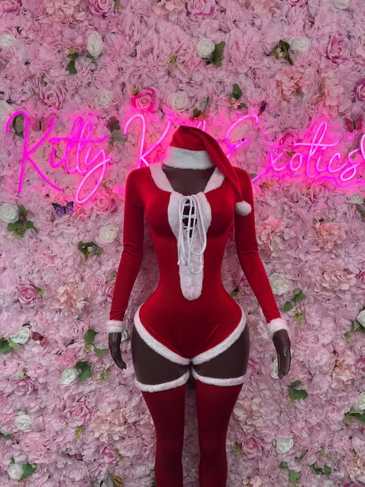 Sexy Santa Christmas Costume - One Piece Red/White Holiday Outfit - Festive Womens Christmas Lingerie -Hat & Leggings Included Christmas