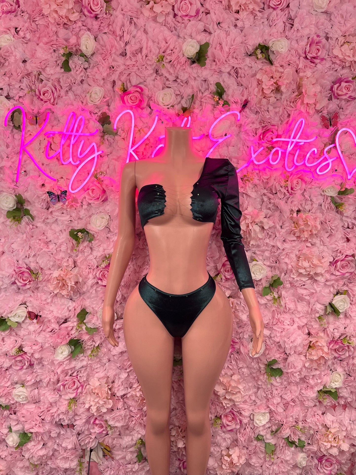 Two Piece One Sleeved Forest Green Exotic Dancewear Bottlegirl Fedtival wear Bartender Outfit