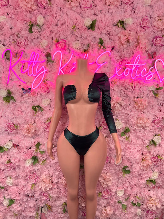 Two Piece One Sleeved Forest Green Exotic Dancewear Bottlegirl Fedtival wear Bartender Outfit