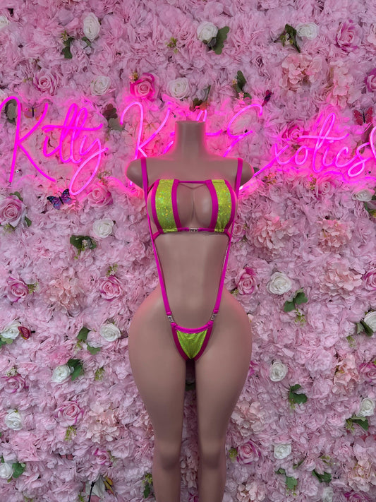 One Piece Pink/Green Slingshot Bikini Bottlegirl Bartender Outfit Festivalwear