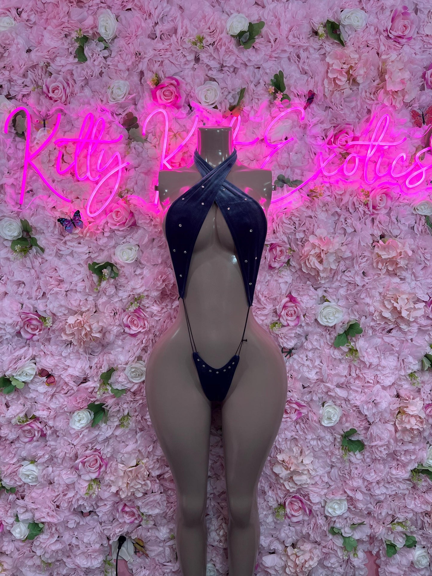 Exotic Dancewear One Piece Navy Blue Velvet Slingshot Ravewear Bottlegirl Bartender Outfit