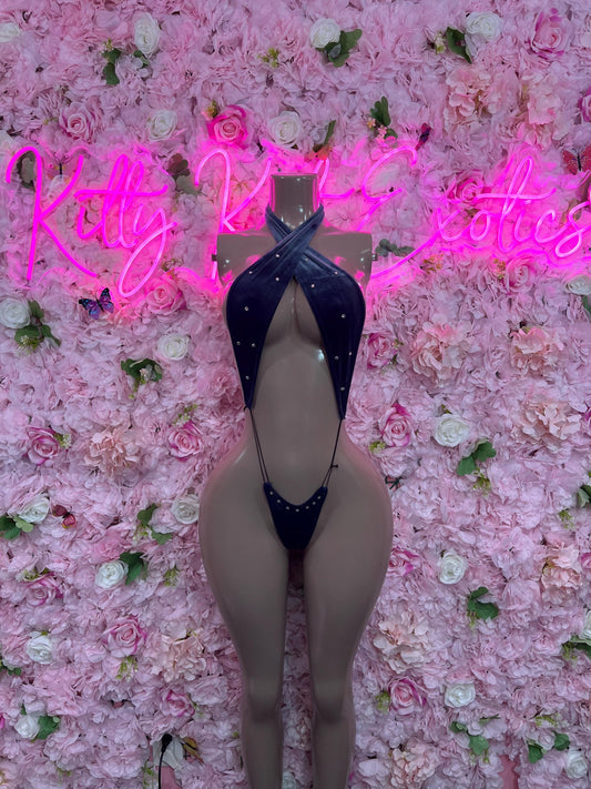 Exotic Dancewear One Piece Navy Blue Velvet Slingshot Ravewear Bottlegirl Bartender Outfit