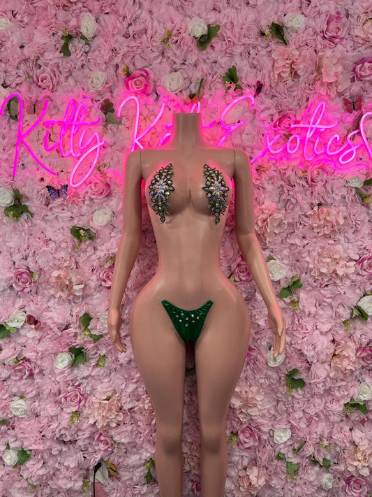 Two Piece Emerald Rhinestone Dancewear Festival Wear Exotic Ravewear