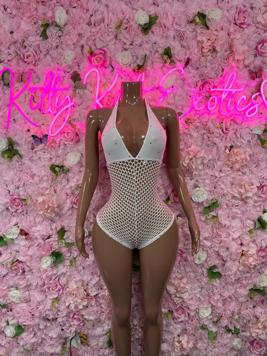 One-Piece White Fishnet Bodysuit  Dancewear Festival Wear Ravewear Festive