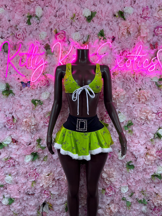 Sexy Santa Christmas Costume - Grinch Skirt Set  Holiday Outfit - Festive Womens Christmas Lingerie Christmas