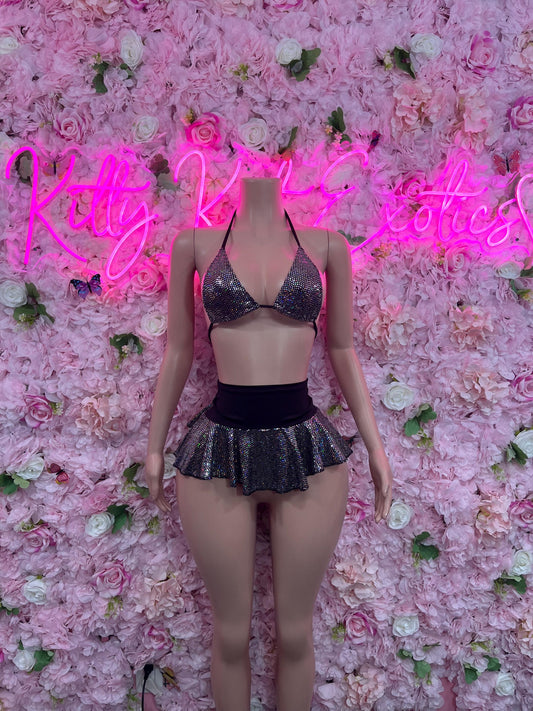 Ravewear Two-Piece Metallic Skirt Set  Bodysuit  Exotic Dancewear for Performers, Raves, or Night Out | Bottle girl Outfits