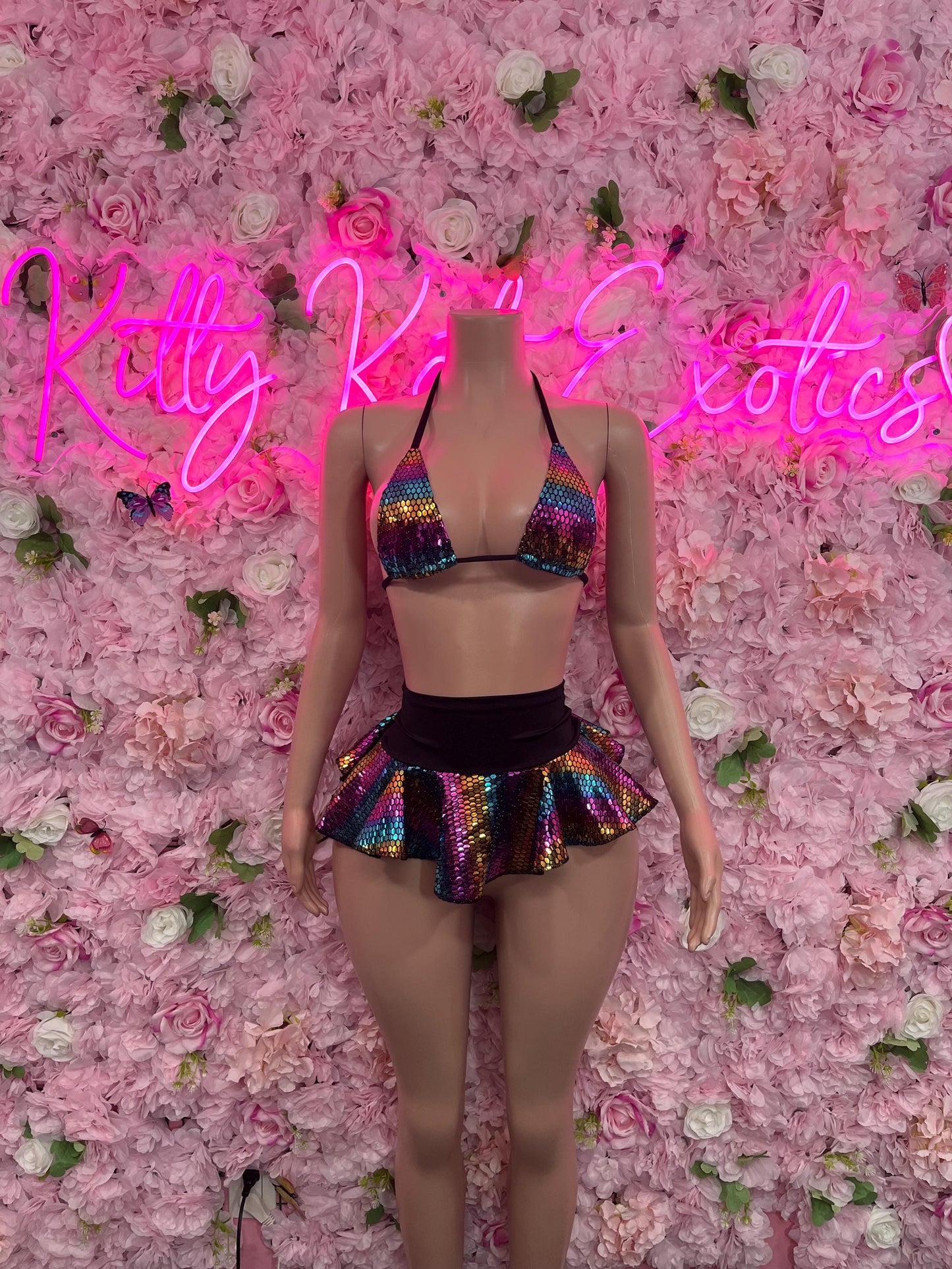 Ravewear Two-Piece Black Multicolor Set  Exotic Dancewear for Performers, Raves, or Night Out | Bottle girl Outfits