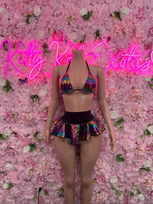 Ravewear Two-Piece Black Multicolor Set  Exotic Dancewear for Performers, Raves, or Night Out | Bottle girl Outfits