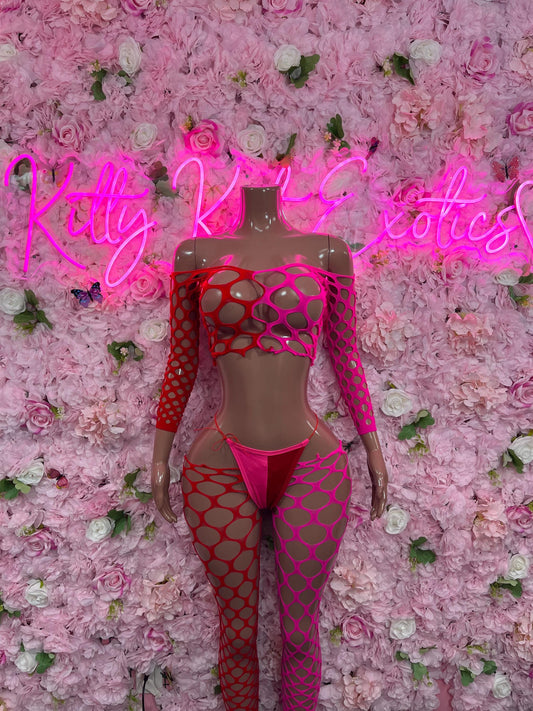 Exotic Dancewear Two Piece Pink/Red Fishnet Festival wear Ravewear Sexy Dancewear