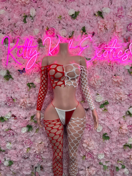 Valentines Day Exotic Dancewear Two Piece White/Red Fishnet Festival wear Ravewear Sexy Dancewear