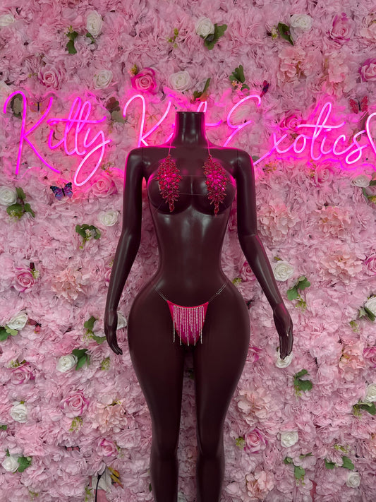 Exotic DancewearTwo Piece Pink Rhinestone Dancewear Festival Wear Exotic Ravewear Costume Perfomer Outfit
