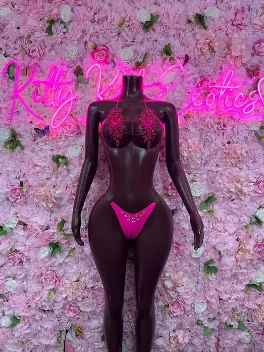 Two Piece Pink Rhinestone Dancewear Festival Wear Exotic Ravewear Costume Perfomer Outfit