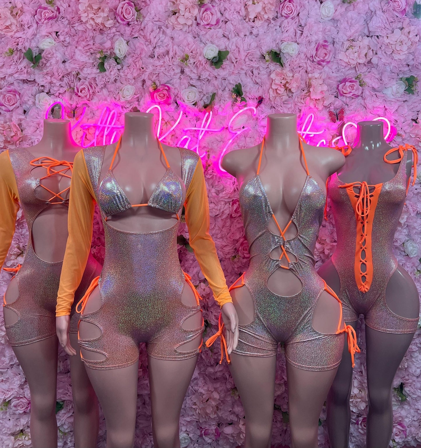 Bottle Girl One-Piece Bodysuit - Orange Rainbow Metallic Cheetah Design | Exotic Dancewear for Performers, Raves, & Nights Out