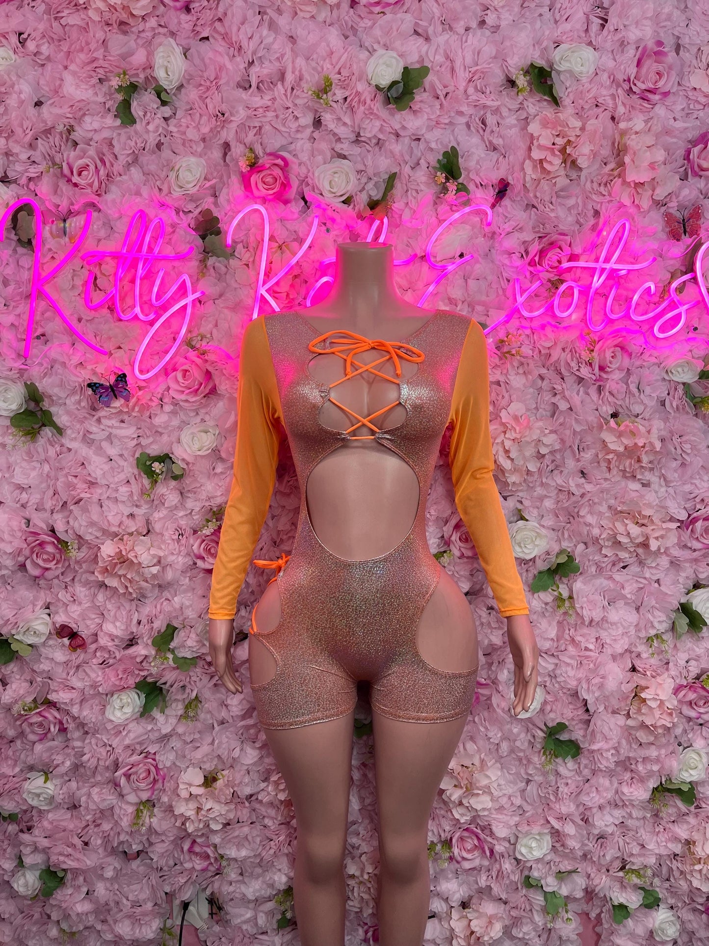 Bottle Girl One-Piece Bodysuit - Orange Rainbow Metallic Cheetah Design | Exotic Dancewear for Performers, Raves, & Nights Out