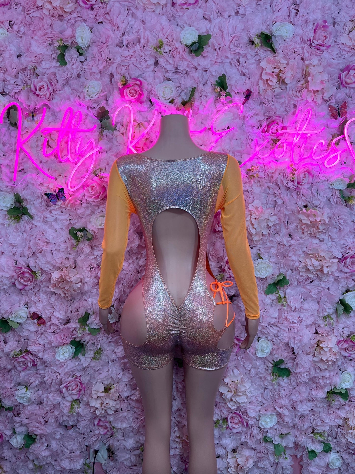 Bottle Girl One-Piece Bodysuit - Orange Rainbow Metallic Cheetah Design | Exotic Dancewear for Performers, Raves, & Nights Out